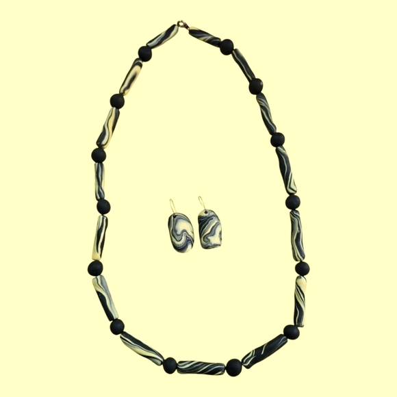 Pale Yellow & Black Marbelized Sculpey Necklace & Earring Set - Picture 1 of 1